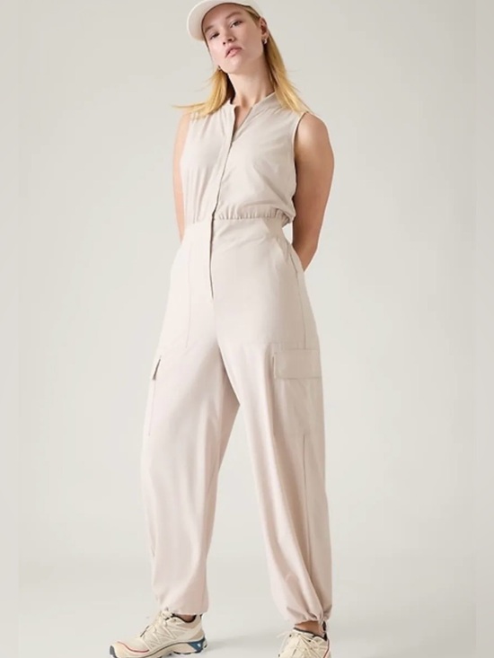 Athleta Pants - NWOT Athleta Brooklyn Utility Jumpsuit Beige Cargo Travel Athleisure Size 10